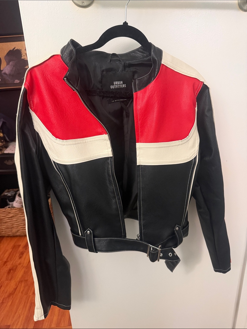 Urban Outfitters Black, Red & Cream Colorblock Moto Jacket